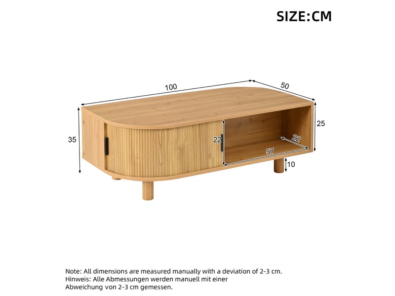 Table basse bois clair, 2 portes coulissantes, rangement, pieds en bois, mdf, charge 30kg, table d’appoint, table de canapé, table à café, table à thé - Conforama C