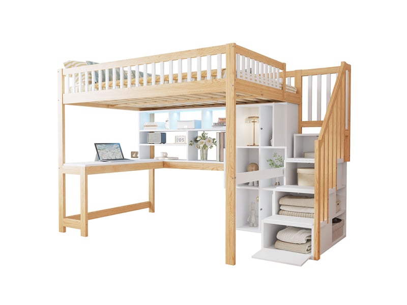  Lit mezzanine 140x200 cm avec bureau, rangements et led blanc et naturel  - Conforama A