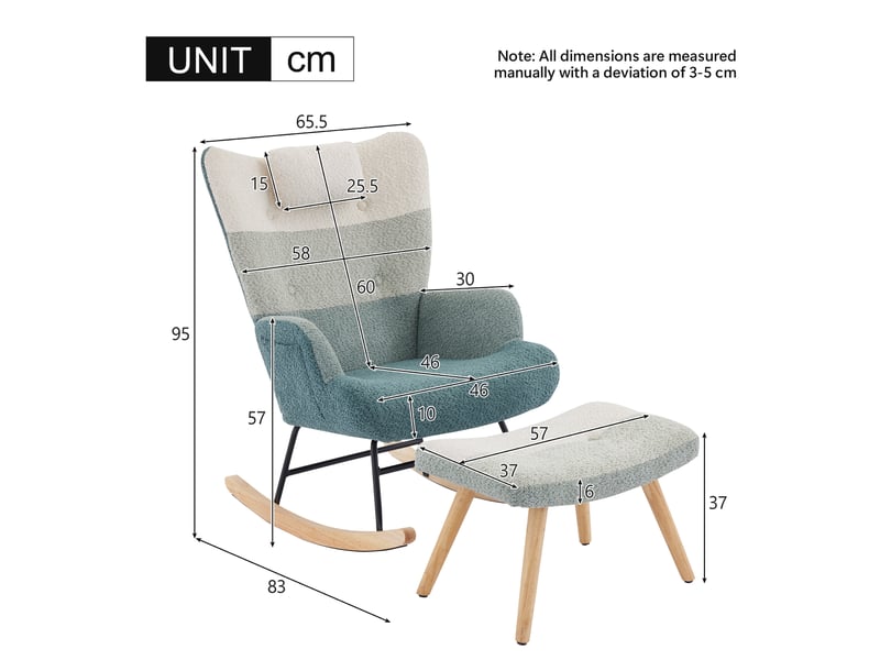 Fauteuil à bascule bouclette patchwork avec repose-pieds, dossier haut 60 cm, pieds en bois et métal, charge 100 kg - Conforama C