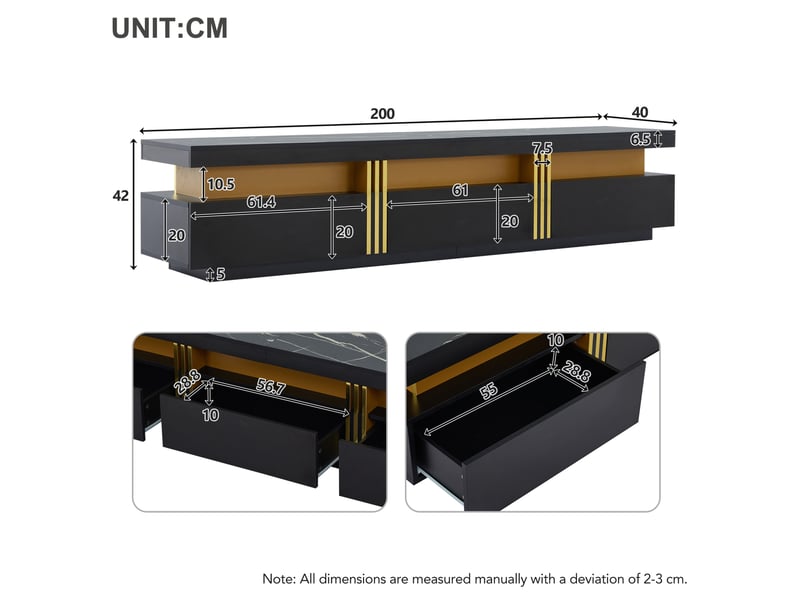  Meuble tv bas 200 x 40 x 42 cm noir avec 3 tiroirs, effet marbre, jusqu’à 90 pouces  - Conforama C