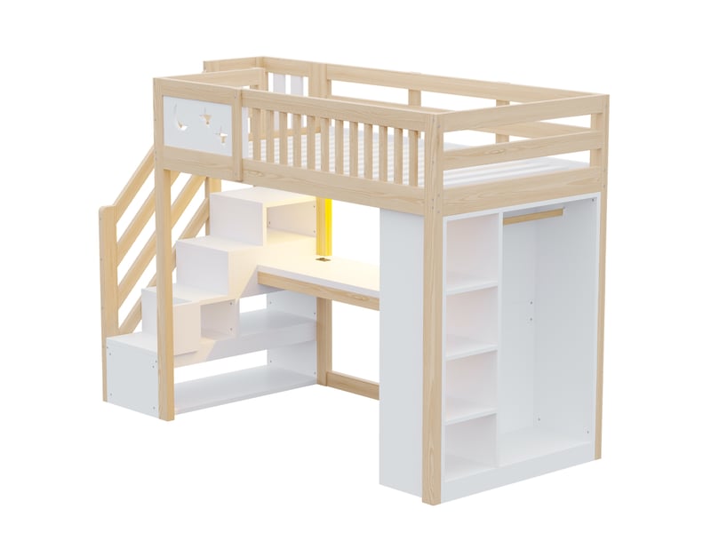 Lit mezzanine 90 x 200 cm blanc et bois, en pin et mdf, bureau led, prises et escalier de rangement - Conforama D