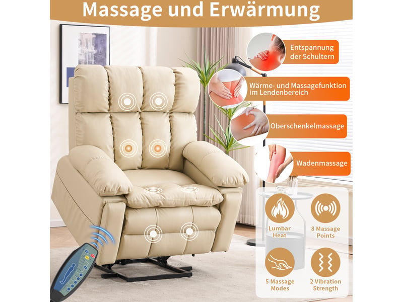 Fauteuil relax électrique releveur avec double moteur, massage, chauffage et repose-pieds, en flanelle beige  - Conforama E