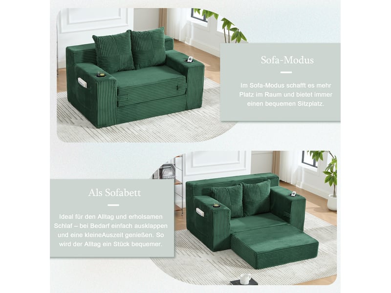  Canapé-lit 2 places 133x87 cm – vert émeraude – velours côtelé, poches latérales et porte-gobelets  - Conforama E