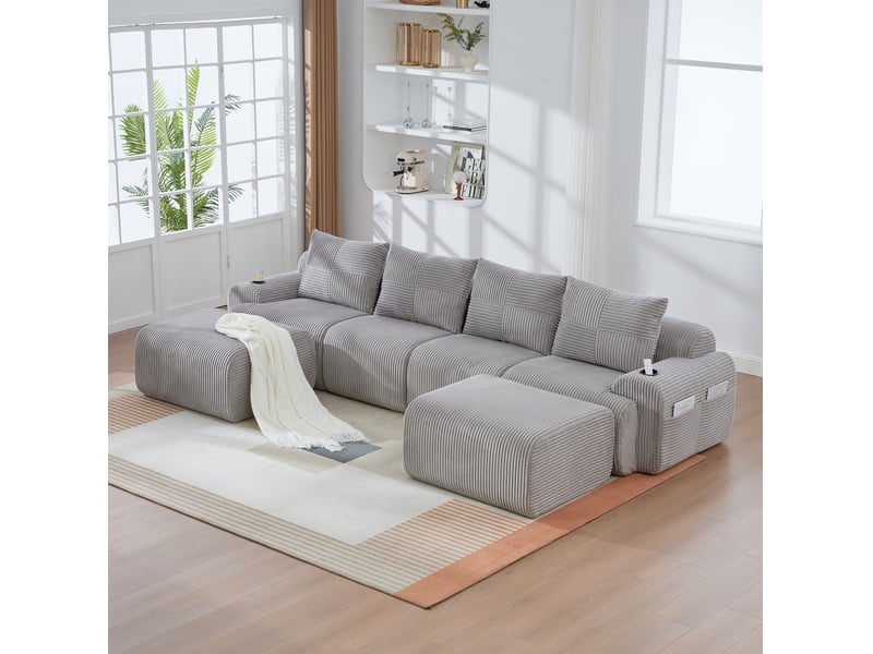  Canapé modulaire 4 places 333x174x80 cm avec 2 poufs, porte-gobelet, gris clair  - Conforama C