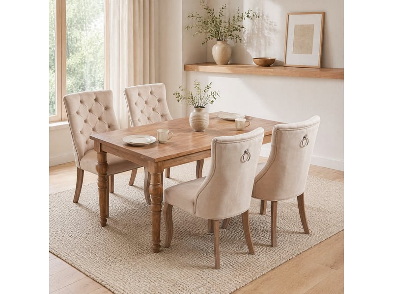  Lot de 4 chaises salle à manger 51x47x97 cm en velours beige, dossier élevé capitonné à boutons  - Conforama B