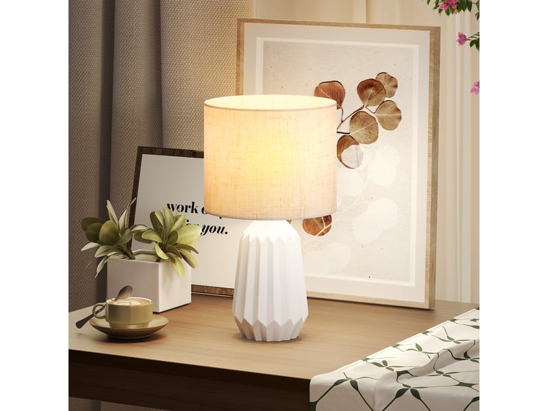  Lampe de table avec pied en céramique et abat-jour en lin, lampe de chevet avec interrupteur, douille e27, blanc et beige  - Conforama C