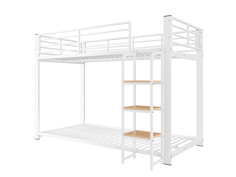  Lit superposé enfant 90x200 cm en métal, avec escalier-étagère effet noyer, garde-corps et structure renforcée, blanc  - Conforama E