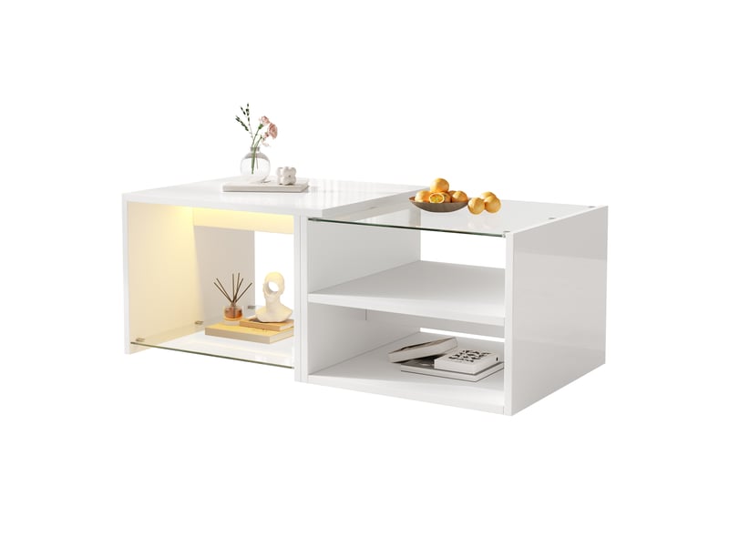  Table basse à niveaux avec led et 2 étagères ouvertes pour salon 100×50×38 cm en panneaux de particules blanc  - Conforama A