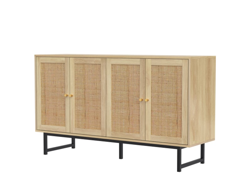 Buffet salon 140x39,5x80 cm avec rotin véritable, 4 portes, meuble de rangement pour salon - Conforama D