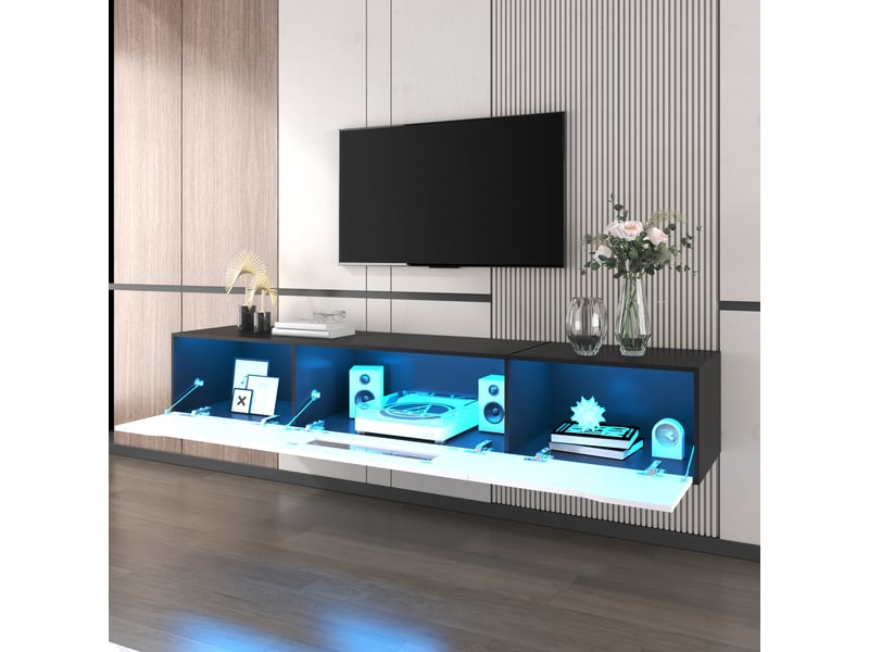Meuble tv 180 cm noir et blanc laqué avec led 16 couleurs, meuble tv mural ou au sol, alimentation usb - Conforama E