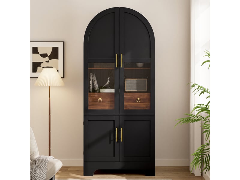  Buffet haut 76x40x180 cm avec 4 portes et 1 tiroir, led, mdf et panneau de particules, couleur noir, design rétro  - Conforama D