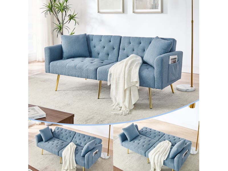  Canapé convertible 2 places avec dossier réglable 3 positions et 2 coussins, pieds métalliques dorés, en tissu teddy bleu  - Conforama D