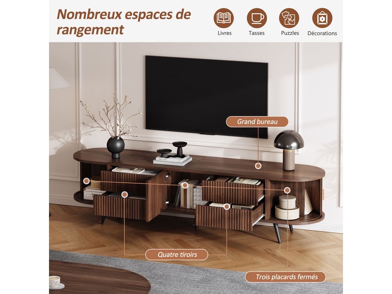 Meuble tv 180 cm avec rangement, 4 tiroirs et porte roulante, design effet noyer foncé avec rayures verticales, pour tv jusqu'à 80 pouces - Conforama E