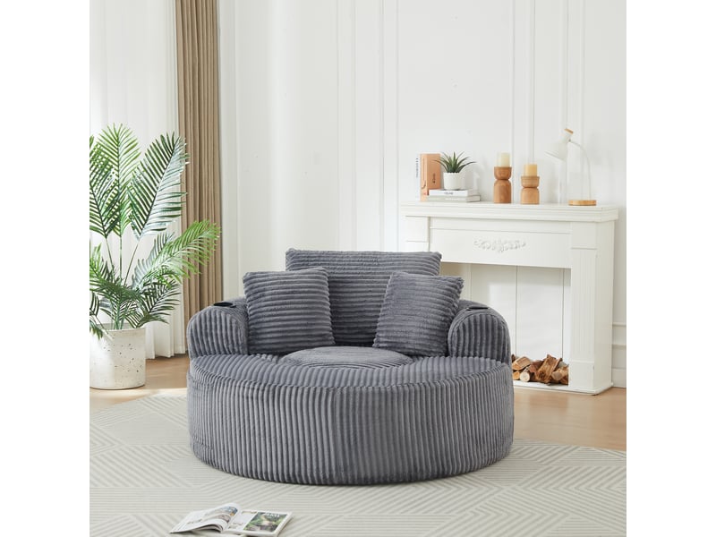  Fauteuil lounge rond 142 x 142 x 85 cm avec 3 coussins, 2 porte-gobelets et rangement latéral antidérapant, velours côtelé, gris OMNIGLINT TRADING LTD - Conforama C