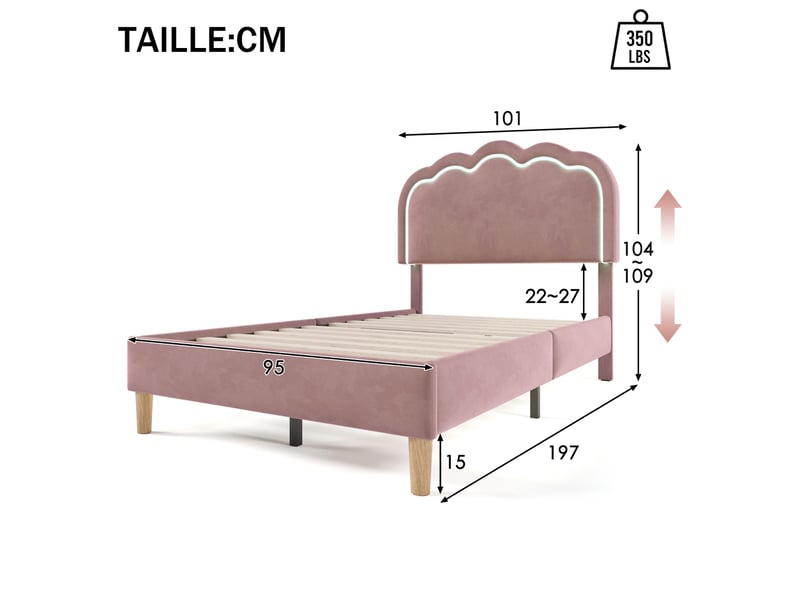  Lit rembourré, lit simple 90x190 cm en velours rose avec tête réglable et led à couleurs, sans matelas  - Conforama D