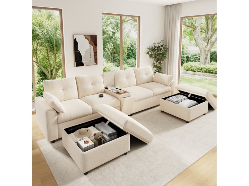  Canapé d'angle modulable 6 places 316x140x84.5 cm en chenille beige  - Conforama B