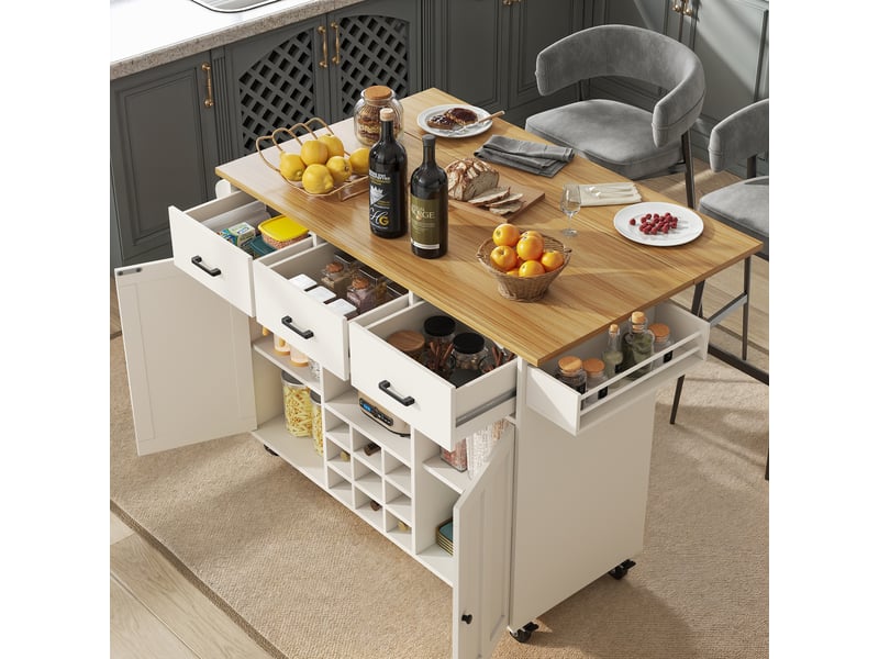  Buffet cuisine mobile blanc démontable - plateau bois, rangement modulable et porte-serviettes  - Conforama E
