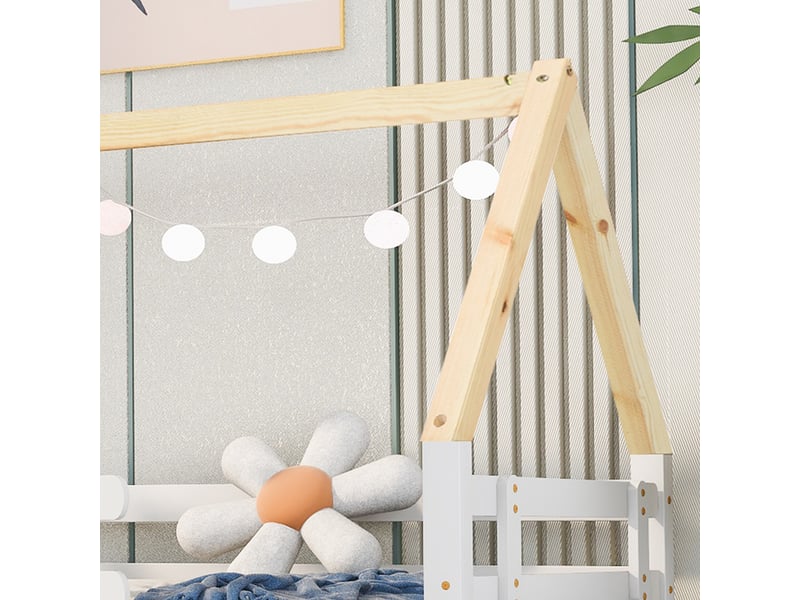  Lit banquette 90 × 200 cm, lit gigogne 90 × 190 cm, toit maison, barrières, sommier à lattes, pin, blanc et naturel  - Conforama E