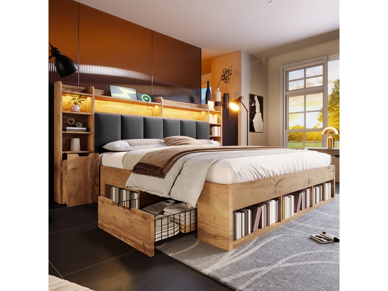  Lit double 180x200 cm avec éclairage led, structure de lit avec tête de lit et table de chevet, lit avec tiroirs, couleur chêne  - Conforama W