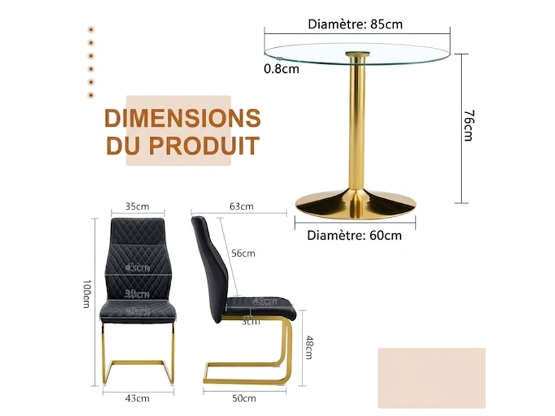  Ensemble table ronde ø85 cm et 4 chaises, verre et pu noir, style moderne noir et or  - Conforama C