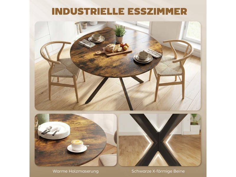 Table de salle à manger pour 4 personnes avec pieds en acier croisés, marron rustique, diamètre 120 cm - Conforama E