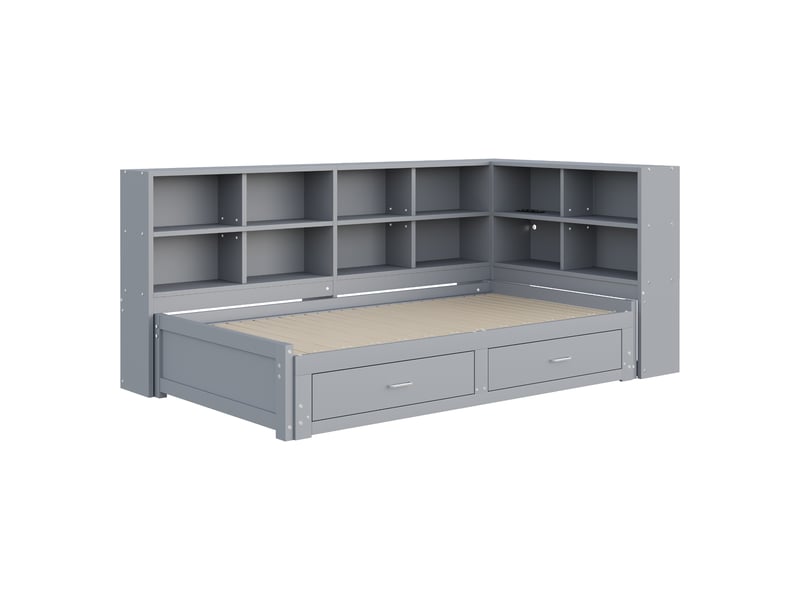  Lit extensible 90180 × 190 cm 2 tiroirs, usb et prise en bois massif - gris C-CRAFTLINK - Conforama E