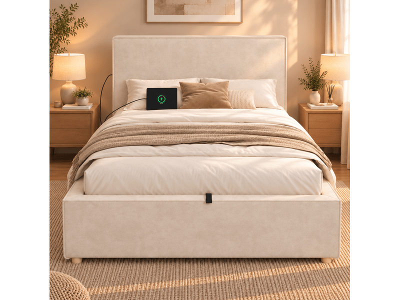  Lit coffre 90x200 cm, sommier à lattes inclus, ouverture hydraulique, tête rembourrée, chenille beige sans matelas  - Conforama D