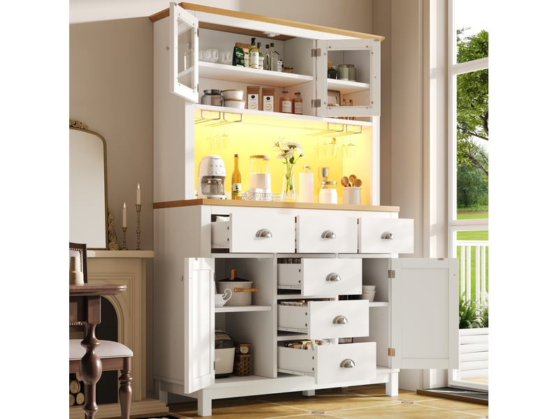 Buffet et enfilade avec 4 portes, led et rangements pour salle à manger style maison de campagne en mdf blanc - Conforama B