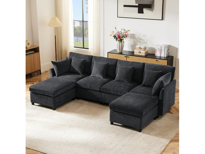 Canapé modulable modenvie en chenille gris 278 x 161 cm avec 2 poufs et 6 coussins - Conforama B