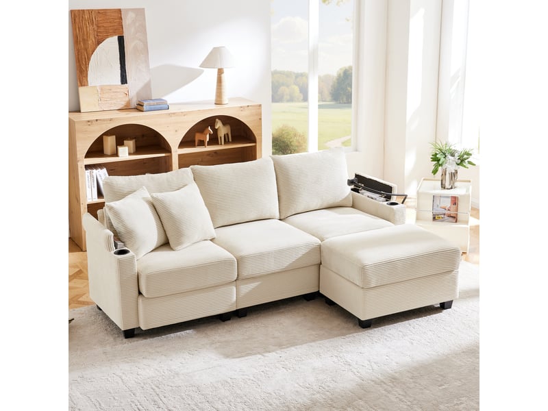 Canapé d'angle réversible fixe 4 places velours côtelé beige canapé d'angle beige - Conforama E