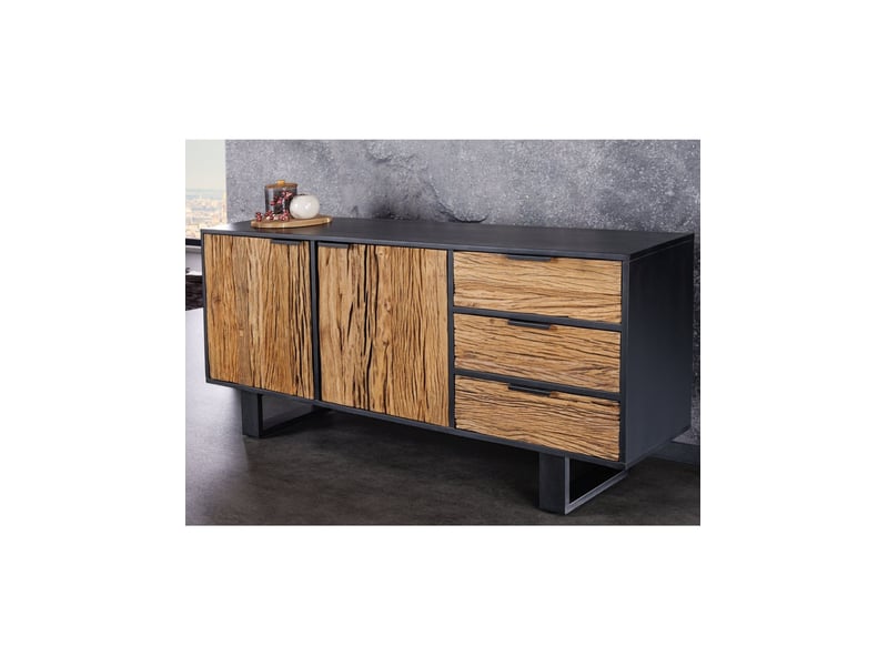 Buffet rafta 150 cm en bois massif de teck et manguier – 2 portes, 3 tiroirs et structure noire - Conforama B