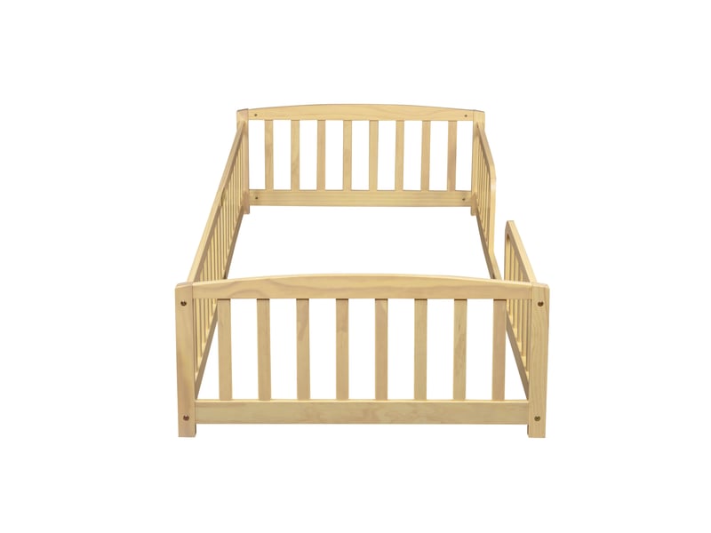 Lit au sol 90x200 cm en pin naturel avec barrières de sécurité et entrée centrale - Conforama D