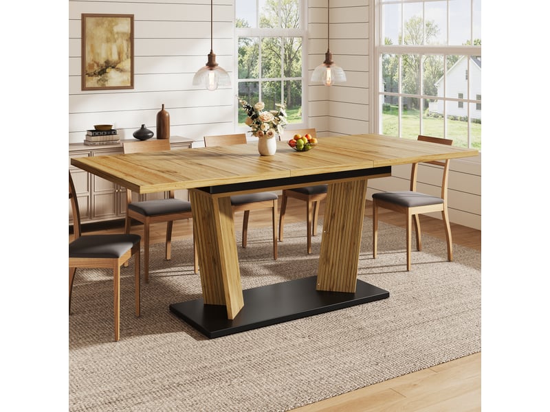  Table à manger extensible, effet bois massif, piètement stable avec pieds réglables antidérapants, finition chêne evarich - Conforama B