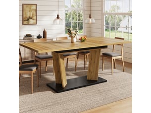 Table à manger extensible, effet bois massif, piètement stable avec pieds réglables antidérapants, finition chêne