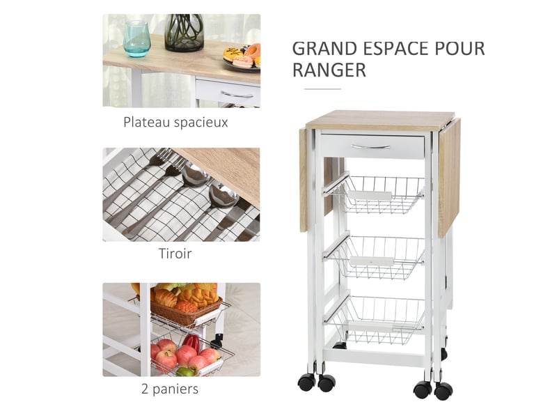  Chariot de service desserte de cuisine à multi-rangements roulettes 3 paniers blanc chêne clair  - Conforama R