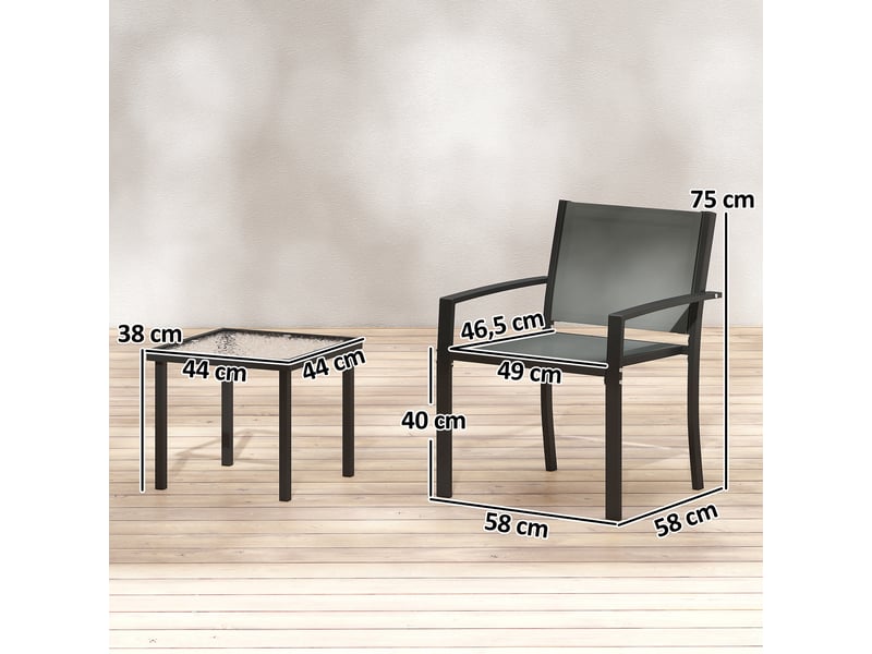  Ensemble table et chaises de patio 3 pièces avec 2 chaises en textilène et table en verre trempé gris clair  - Conforama E