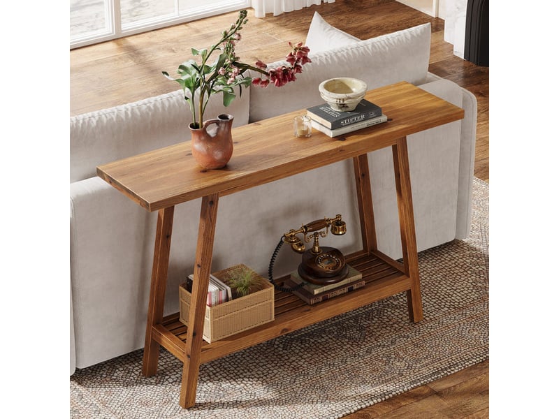 Tribesigns console en bois massif 105 cm de large avec étagère, table basse avec rangement style champêtre  - Conforama E