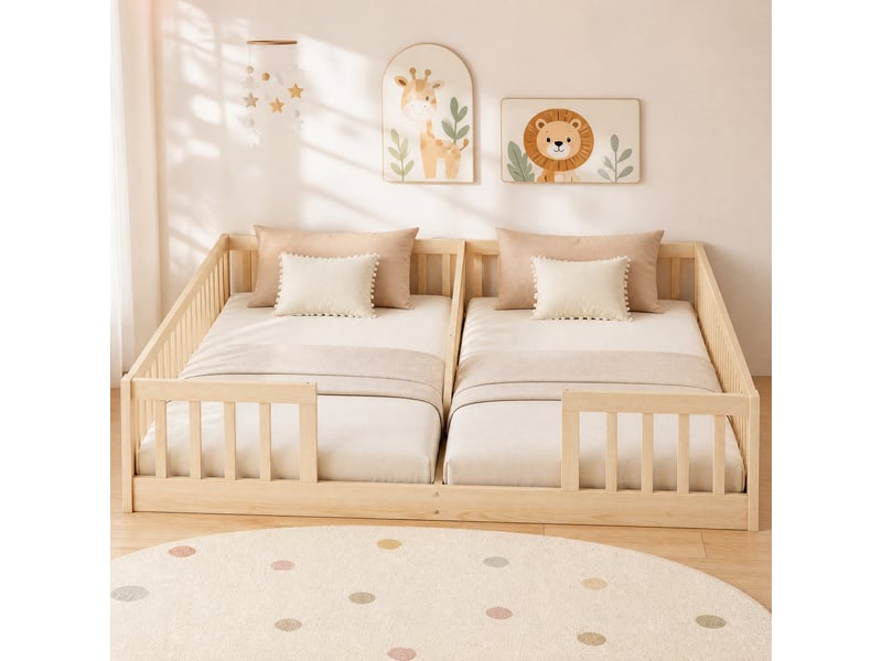  Lit combiné enfant 2 couchages 90 x 200 cm naturel avec barrières et sommiers à lattes  - Conforama D