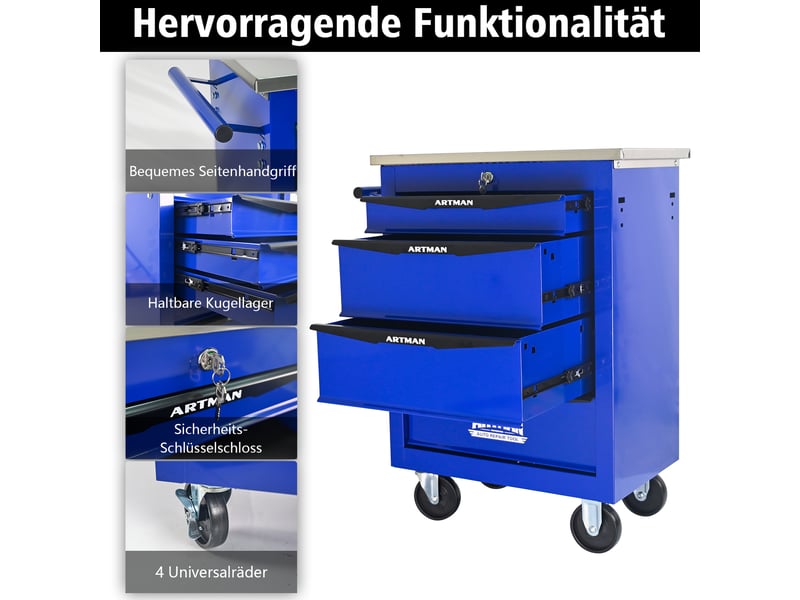 Chariot à outils 4 tiroirs - noir & bleu - acier robuste - dimensions assemblées 62.5x34.5x78 cm - poids 22.5 kg 62.5x34.5x78cm - Conforama E