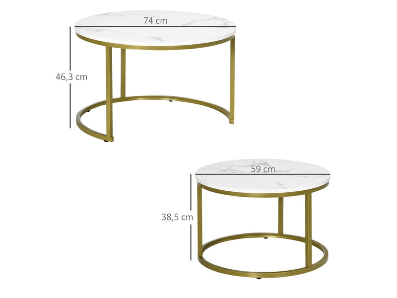  Tables gigognes rondes avec 2 pièces, plateau effet marbre et structure métallique dorée, pour salon, blanc  - Conforama D
