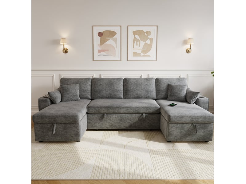  Canapé d'angle modulable en u 270x125x86cm 4 places, coffre de rangement, porte-gobelets, salon, tissu chenille, gris  - Conforama B