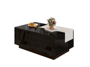 Table basse noire et blanche, table laquée brillante avec éclairage led et espace de rangement dissimulé