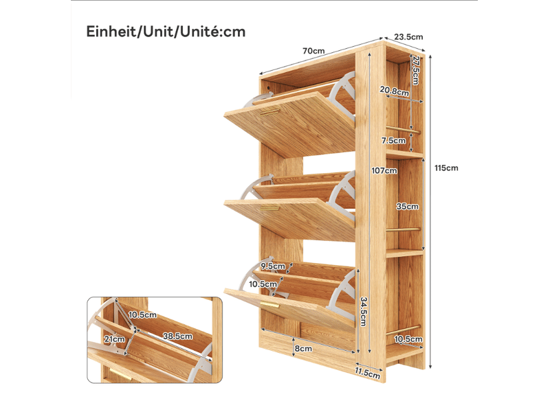  Meuble à chaussures 70x23,5x115 cm, 3 portes mdf, avec étagères ouvertes, naturel  - Conforama E