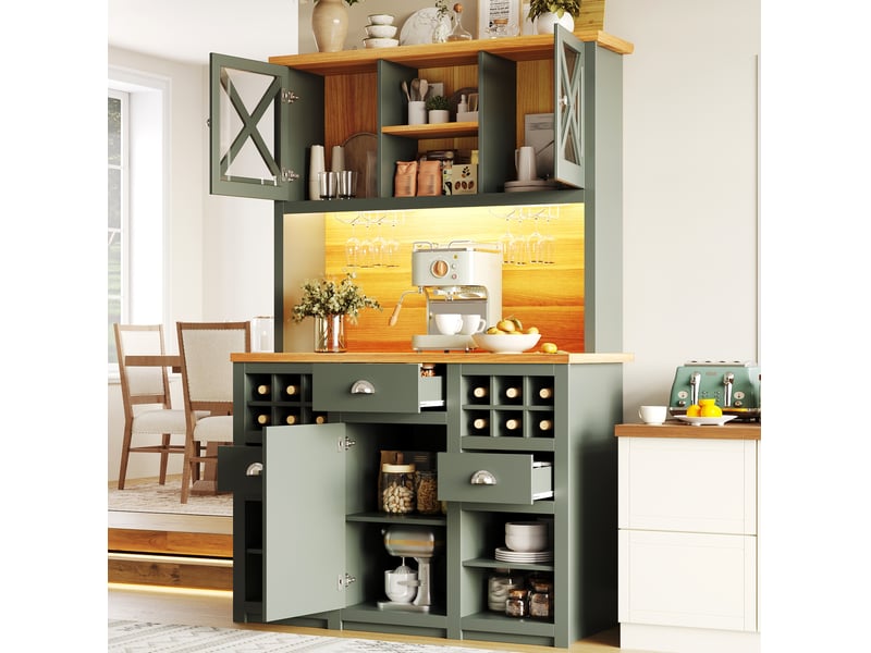  Buffet de cuisine 120x45x188 cm – vert antique – portes vitrées, led, rangements modulables, prises intégrées  - Conforama D