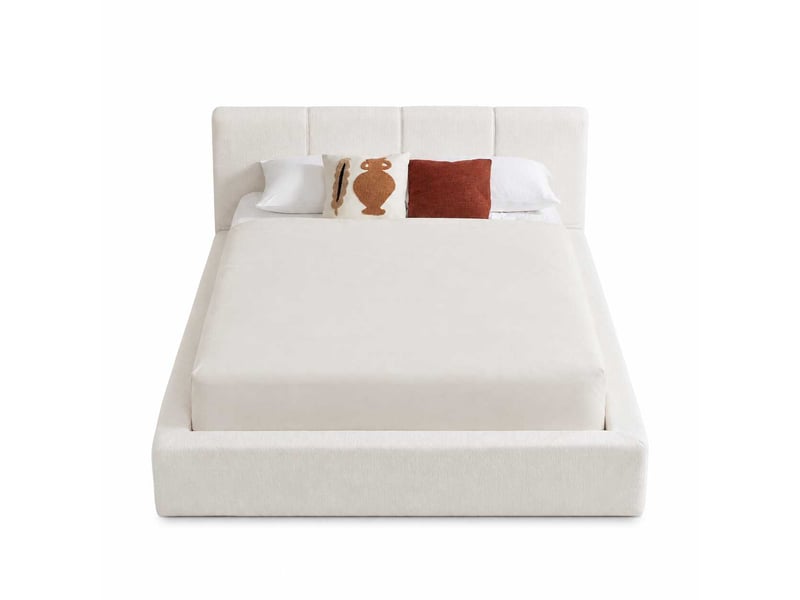 Lit 140x200 cm rembourré avec tête de lit, cadre en acier renforcé, design minimaliste, beige - Conforama A