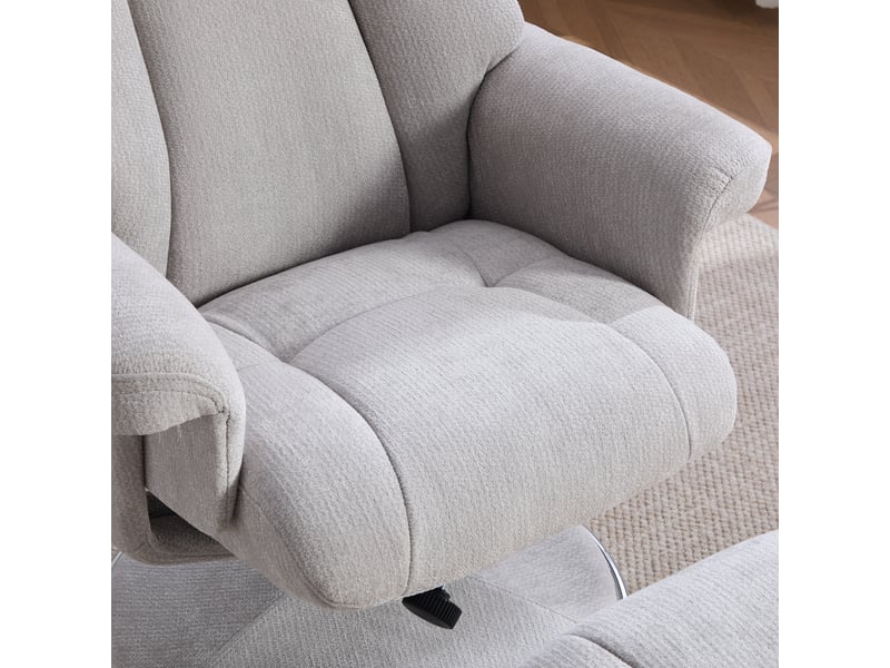 Fauteuil relax pivotant en tissu chenille gris clair, dossier 145°, repose-pieds, base métal, pour lecture et télévision - Conforama E