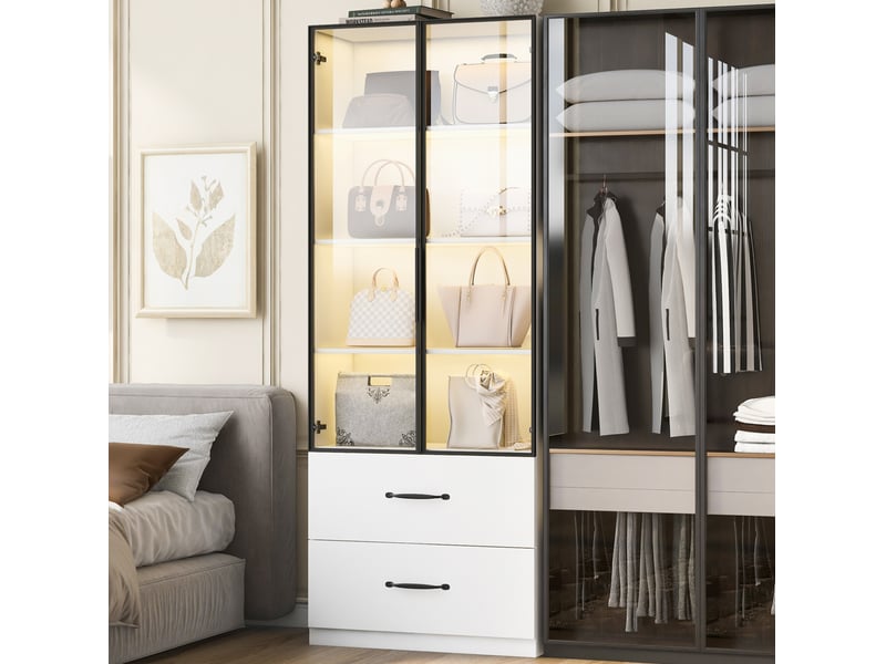  Vitrine led 60×40×160 cm - vitre de verre, bibliothèque et meuble multifonction avec éclairage et tiroirs, cadre aluminium, portes en verre trempé, charnières à fermeture douce, led multicolores  - Conforama B