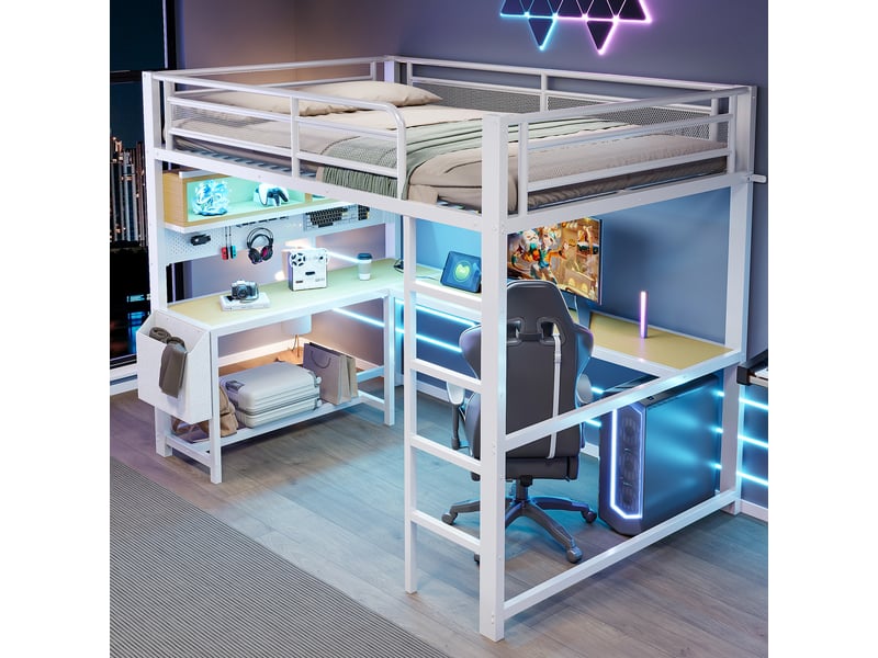 Lit mezzanine 140 x 200 cm, lit enfant surélevé, bureau intégré, étagères ouvertes, éclairage led, ports usb et usb-c, échelle, métal, blanc Morn Vibe - Conforama D