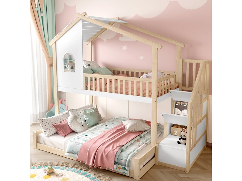  Modenvie lit superposé 90x200 cm + 140x200 cm - cabane avec fenêtre, échelle de rangement - naturel  - Conforama E