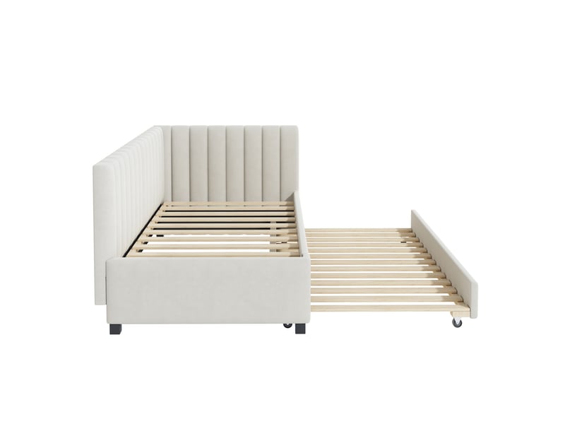  Lit banquette 90x200 cm en velours beige, lit gigogne multifonction avec sommier à lattes  - Conforama E